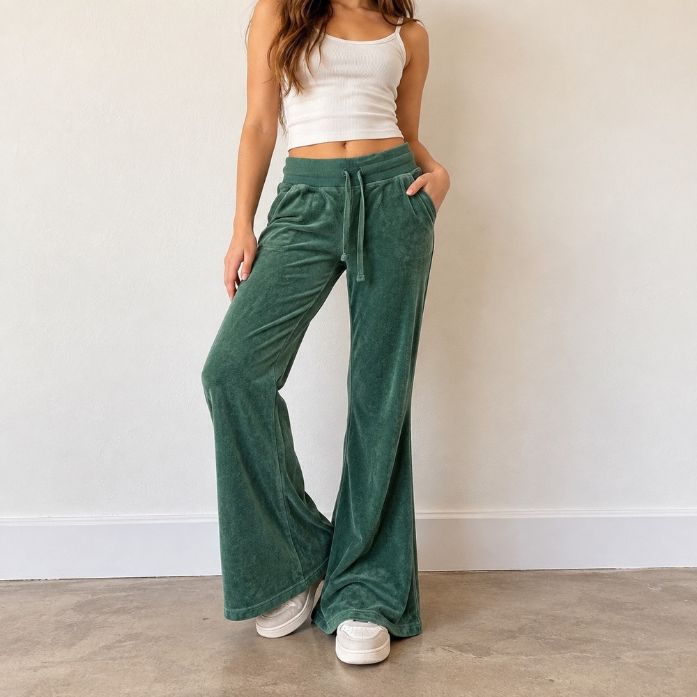 Aerie Women Green Velour Flare Wide Leg Loungewear Pants Size M